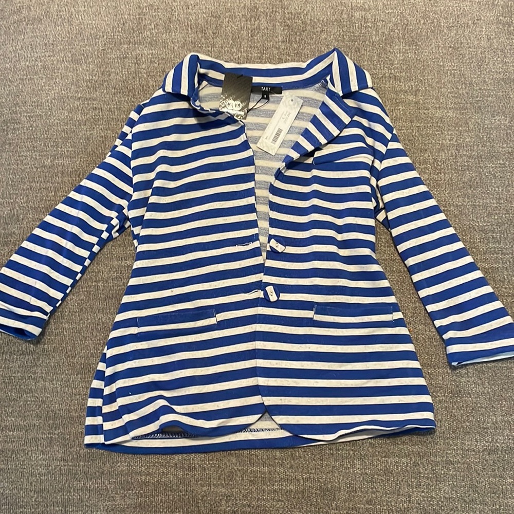 Tart collie striped French Terry 3/4 sleeve blazer - blue and white